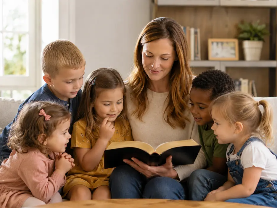 Family Bible and small decorative cross on a side table in a cozy home